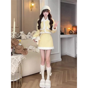 小香风入冬季穿搭一整套高级感气质毛呢短外套半身裙子两件套装女