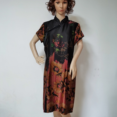 2025真丝连衣裙莨绸素绉缎面改良唐装新款旗袍裙断码特价12908