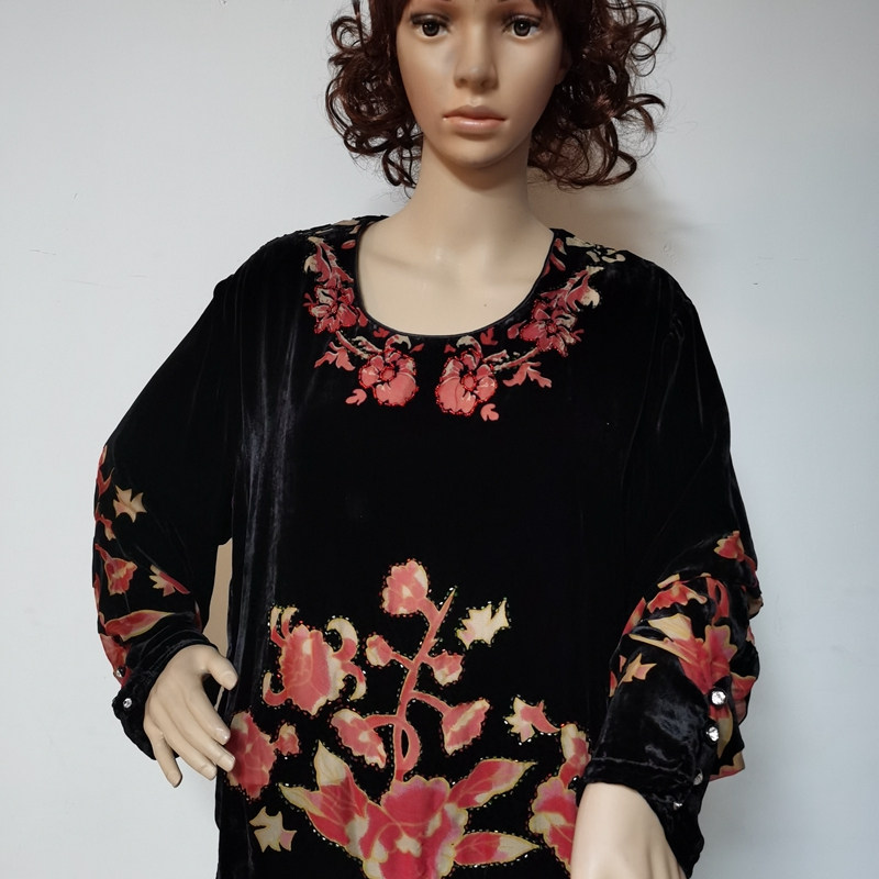 戈润真丝绒桑蚕丝烂花绡长袖中老年妈妈装宽松版大码洋气高贵476