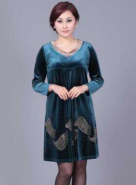 高端重工金丝绒女裙连衣裙韩国绒长袖钉珠满月酒结婚礼服v领89032