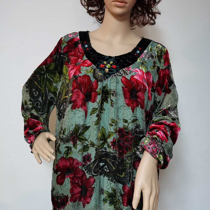 2025真丝绒长袖圆领钉珠烂花绡大花春秋装2016