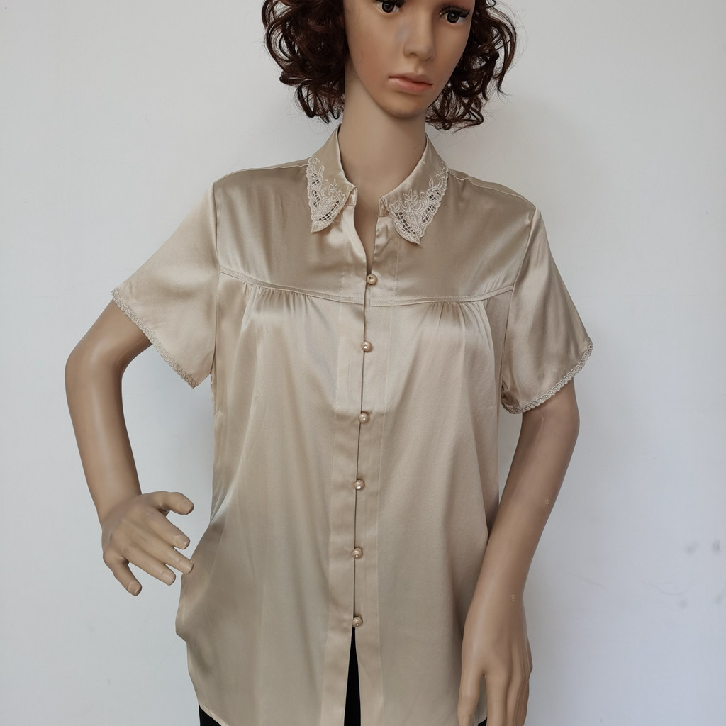 母亲节真丝桑蚕丝弹力缎镂空衬衫短袖上衣中老年妈妈断码特价1091