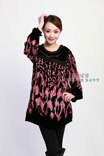 时尚气质桑蚕丝植绒上衣洋气女士宽松大码显瘦烧花绒烂花绡4702