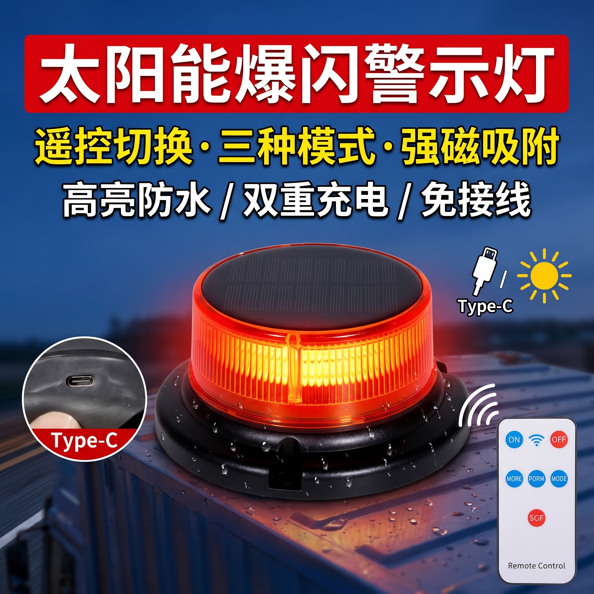 新款无线遥控太阳能车顶强磁爆闪灯闪光灯工程车路障闪光灯超爆闪图片
