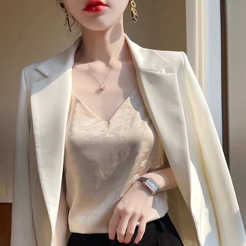 真丝醋酸V领提花吊带背心女