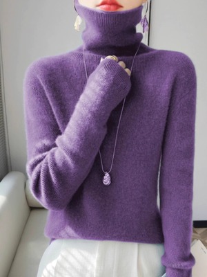 羊毛套头高领纯色针织衫