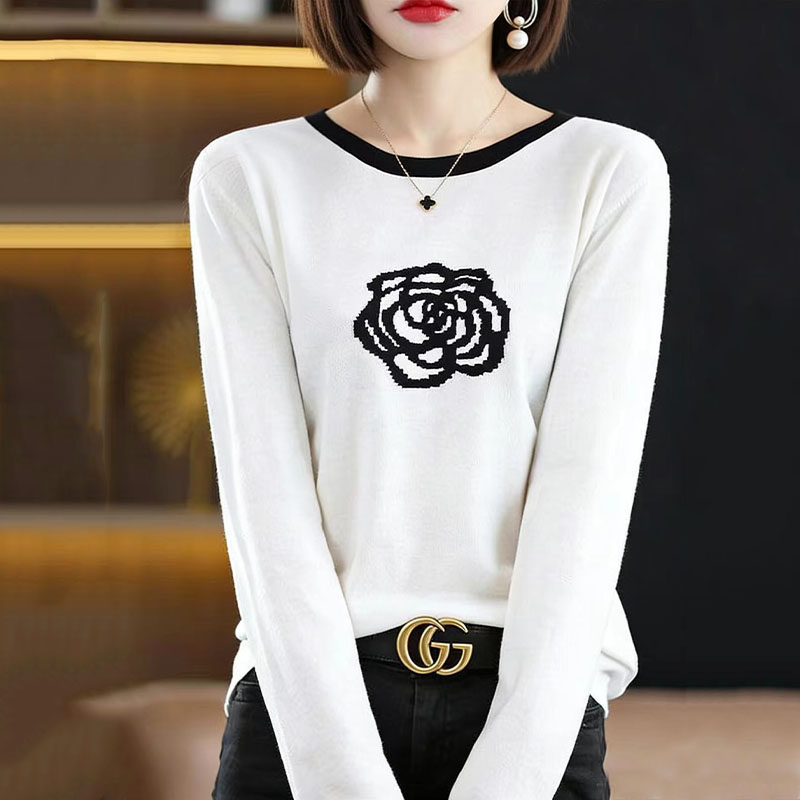 通勤风圆领山茶花刺绣撞色边冰丝针织衫女春季长袖套头百搭打底衫