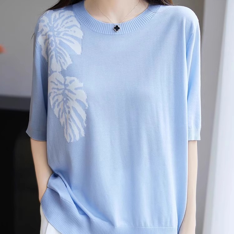 莱赛尔天丝~高级感穿搭树叶提花气质女士短袖圆领慵懒风T恤衫