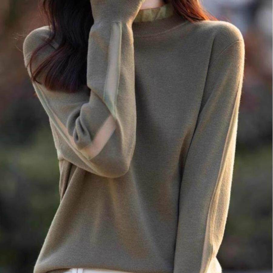 网纱拼接长袖精纺打底衫