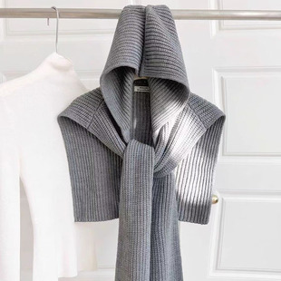 冬季外搭帽子围巾一体连帽披肩女羊毛针织围脖加厚保暖护颈假领子