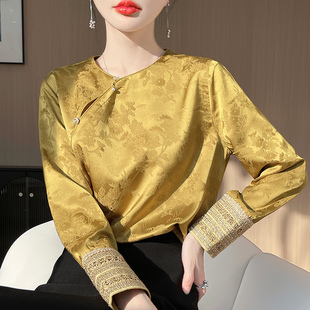2025秋款中式国风上衣高级感桑蚕丝真丝衬衣女醋酸断面提花衬衫韩