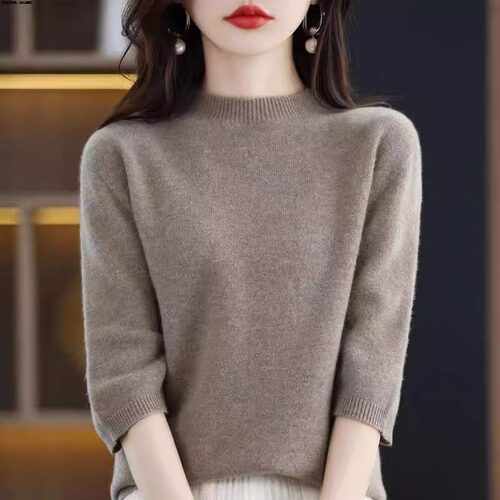 春夏薄款女半高领七分袖羊毛衫