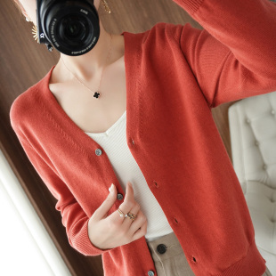 宽松短款 女V领外套线衫 纯色简约全棉外搭 针织开衫 100%纯棉线长袖