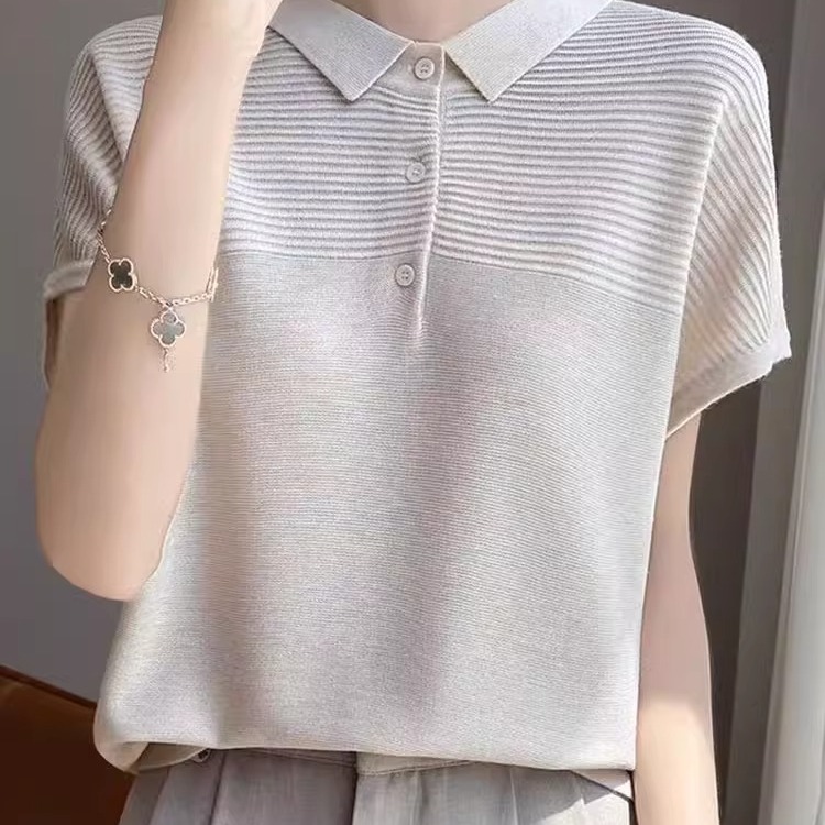 2025新款POLO领短袖T恤女冰丝夏季翻领半袖针织打底衫