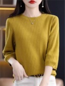毛衣宽松短款 洋气小衫 女圆领套头中袖 打底针织衫 上衣 纯棉线七分袖