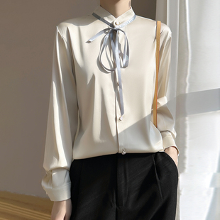 醋酸缎面高级感气质职业上衣 长袖 通勤风立领蝴蝶结系带衬衫 女春季