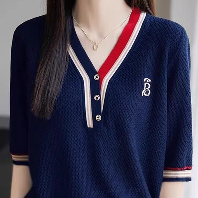 2025早秋款设计感洋气显瘦针织短袖女V领天丝撞色刺绣天丝薄上衣