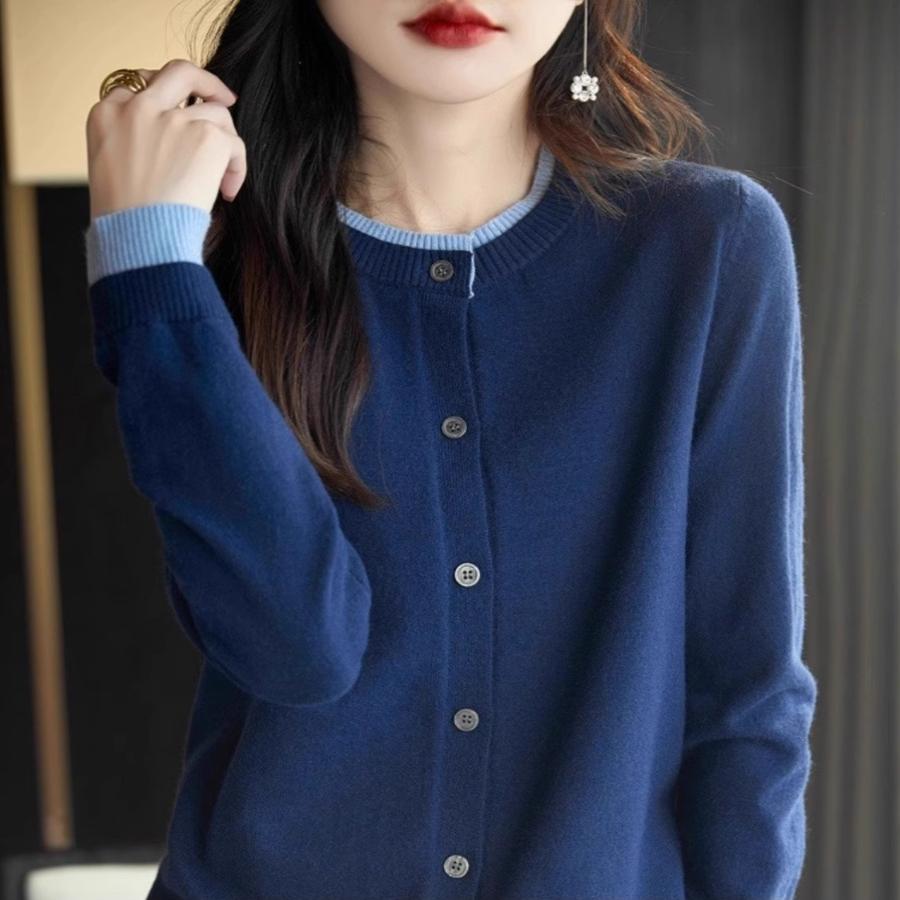 高级感羊绒开衫女2025冬季新款拼色假两件羊毛针织毛衣外套上衣