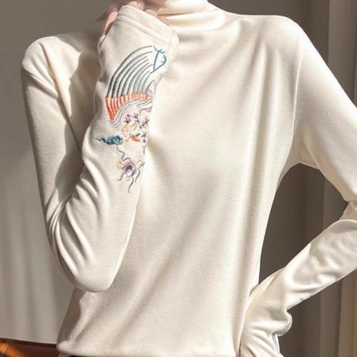 2025冬季新款国风新中式刺绣半高领打底衫女德绒磨毛加厚内搭上衣