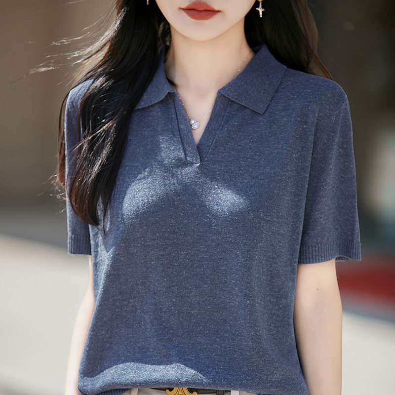 亚麻POLO领短袖针织衫女显瘦图片