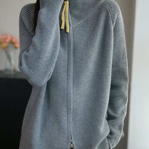 双头拉链宽松立领羊毛针织开衫