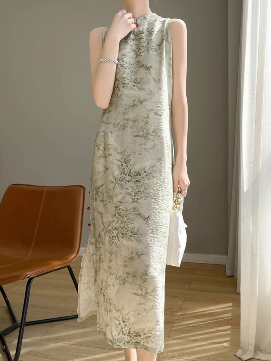 여성을위한 새로운 중국 스타일 중국 스타일 인쇄 새틴 CHEONGSAM 드레스 레트로 슬릿 허리 슬리밍 민소매 중간 길이 드레스 여성을위한