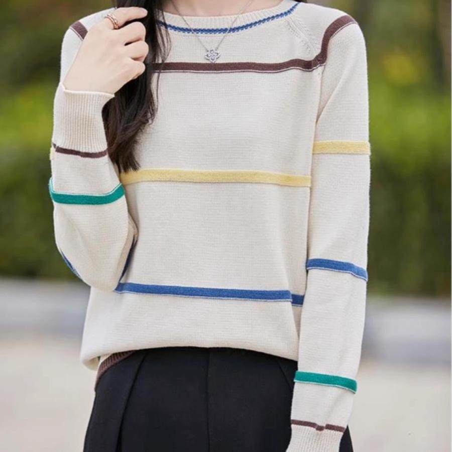 重工彩色条纹100%纯棉线针织打底衫女厚款圆领毛衣宽松舒适保暖冬,女装/女士精品,毛针织衫,淘宝优惠券,粉丝福利购,淘宝优惠卷