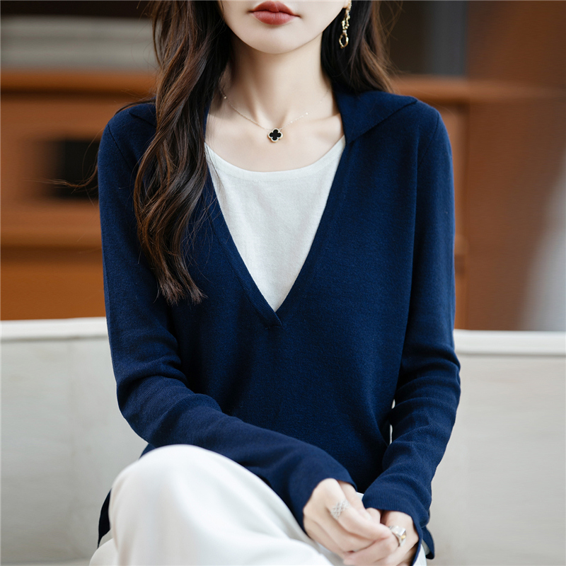 2025早秋羊毛衫韩版显瘦长袖T恤女设计感小众休闲宽松假两件上衣