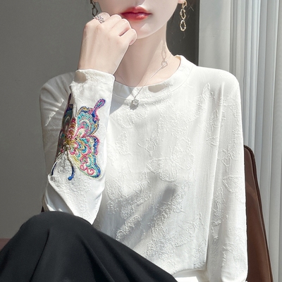 新中式刺绣长袖T恤女白色圆领