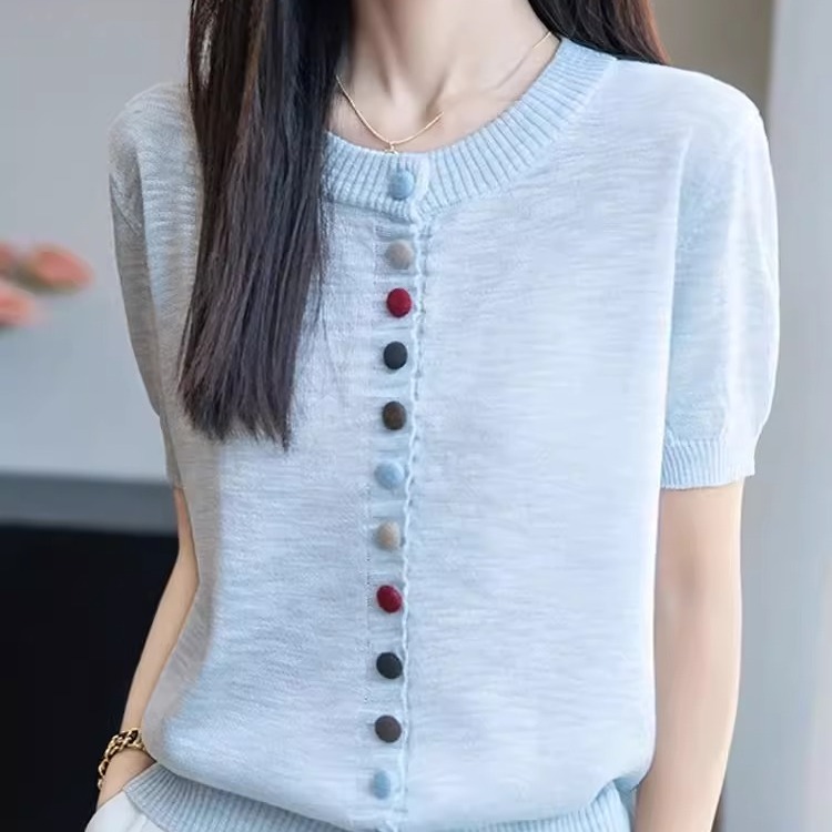 2025夏季新款女短袖彩色纽扣针织衫圆领正肩t恤上衣宽松显瘦百搭