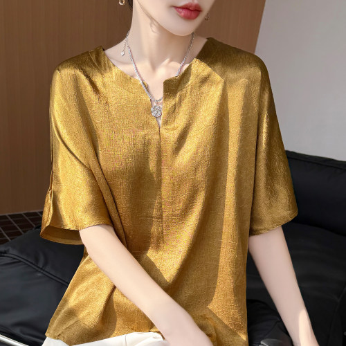 轻奢醋酸缎面V领真丝短袖衬衫