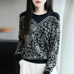 祖母风提花圆领精仿细羊毛针织衫女长袖宽松显瘦百搭气质毛衣上衣