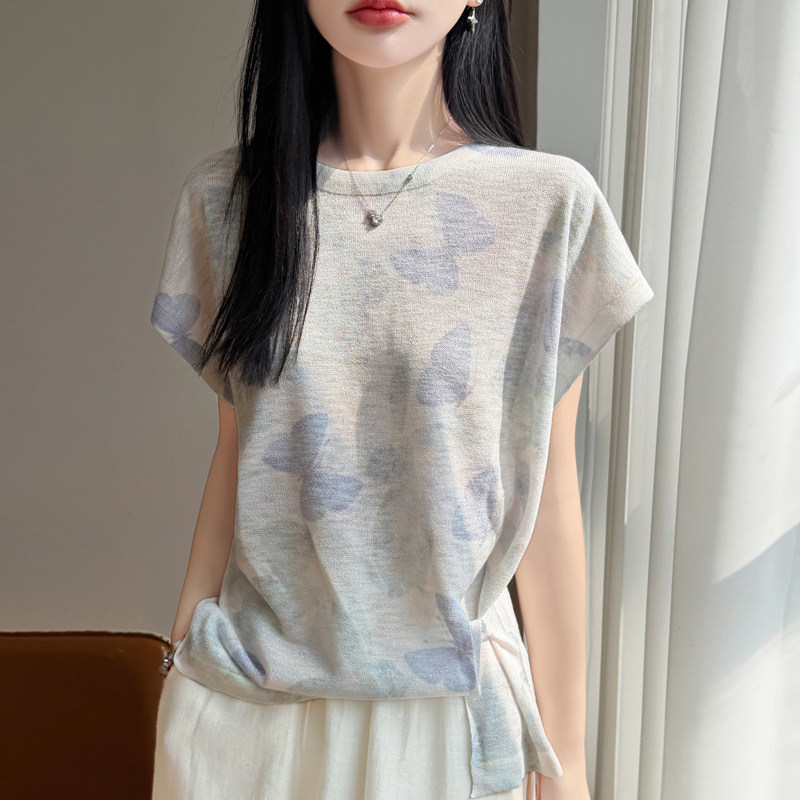薄款竹节麻晕染印花短袖针织衫女图片