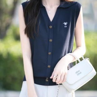 冰麻针织无袖 T恤减龄上衣 背心t恤女2025秋薄透气爆款 POLO翻领大码