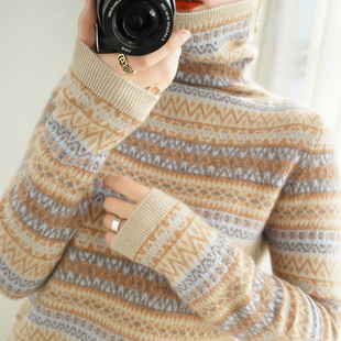 民族风秋季羊毛衫堆堆高领毛衣女套头内搭长袖打底修身短款针织衫