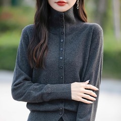 单排扣深灰色加厚立领针织开衫2024冬季新款洋气短款毛衣上衣时尚