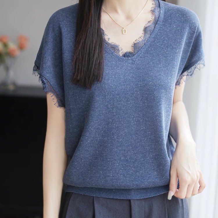 25夏季新款V领短袖针织衫女时尚百搭简约高级大码上衣潮蕾丝拼接