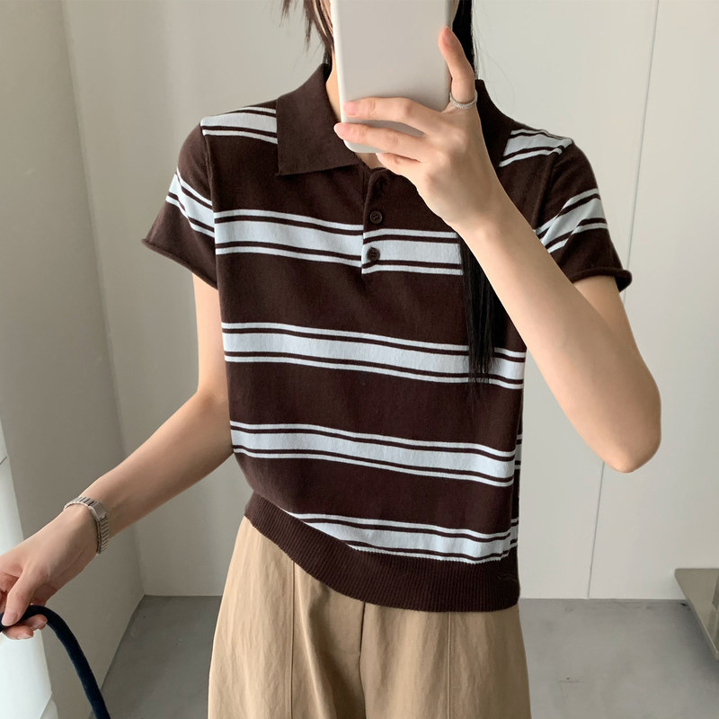 复古条纹POLO领天丝短袖针织衫图片