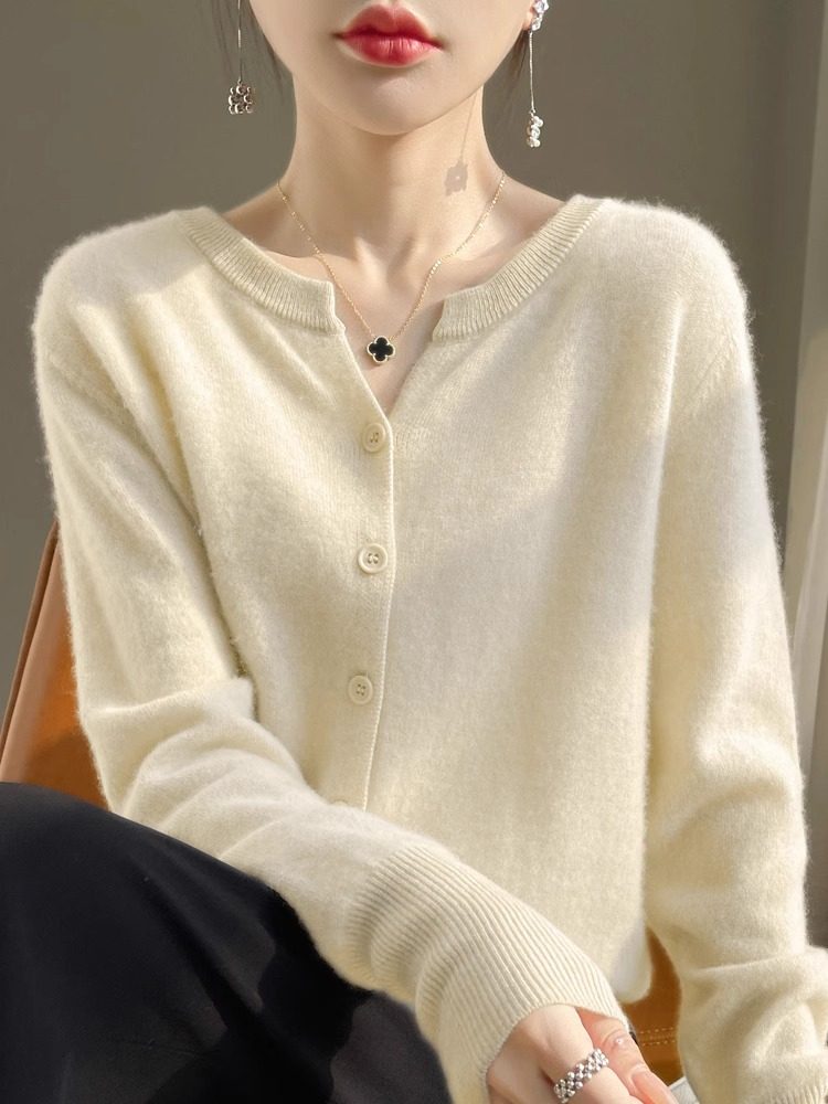 2026春季女V领圆开衫羊毛针织衫图片