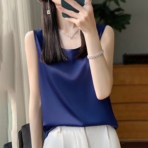真丝吊带背心女外穿圆领宽松桑蚕丝打底西装内搭无袖T恤缎面上衣