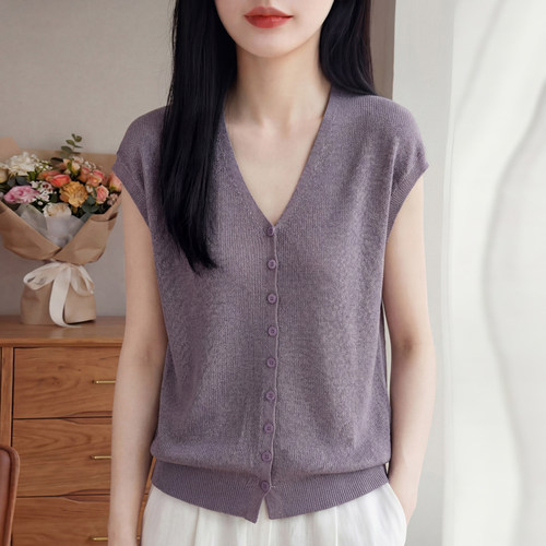 2026夏季新款极简风V领短袖针织开衫女夏薄款显瘦纽扣背心针织衫