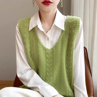 文艺风马甲羊毛针织套头背心外搭V领女无袖 上衣宽松显瘦