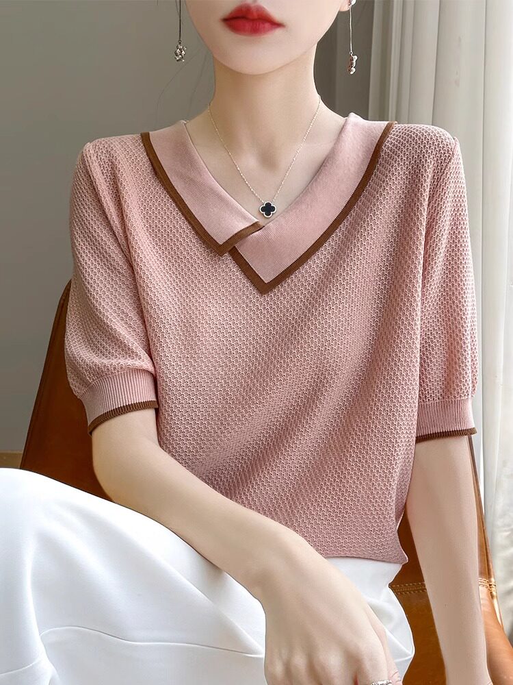春季翻领撞色短袖显瘦针织T恤女图片