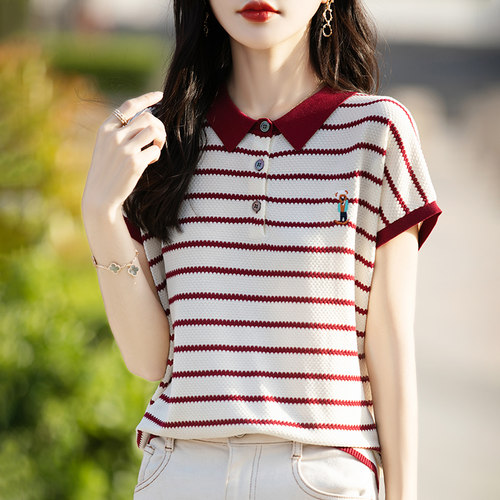 短袖百搭薄条纹莱赛尔女