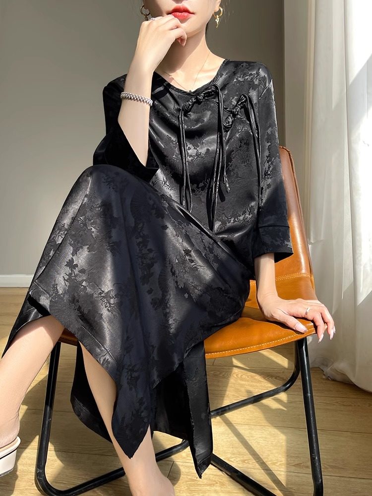 2025夏季新款圆领薄款半袖长裙女宽松显瘦国风提花开叉旗袍连衣裙,女装/女士精品,连衣裙,淘宝优惠券,粉丝福利购,淘宝优惠卷