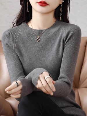 羊毛套头圆领内搭螺纹针织衫