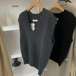 灰色毛衣女法式 覆古宽松外穿V领针织马甲背心女坎肩春秋叠穿上衣
