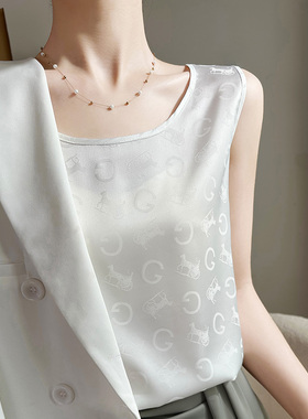 真丝吊带背心女西装内搭缎面桑蚕丝白色圆领无袖打底衫夏季上衣