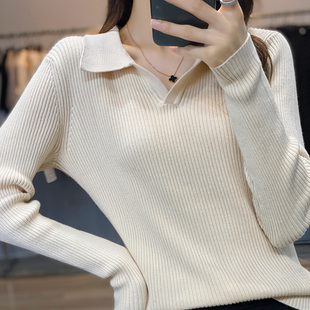 保暖百搭毛衣短款 女修身 纯色全棉线新 针织打底衫 纯棉线POLO领长袖