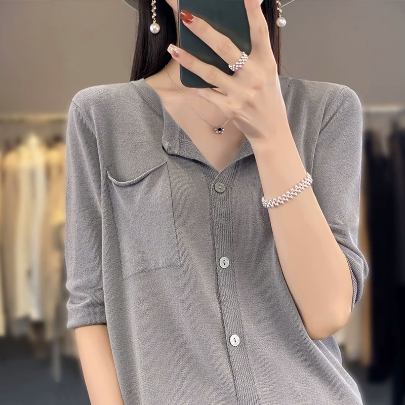 25夏季圆领冰丝短袖开衫女宽松薄款亚麻中袖防晒外套针织上衣T恤